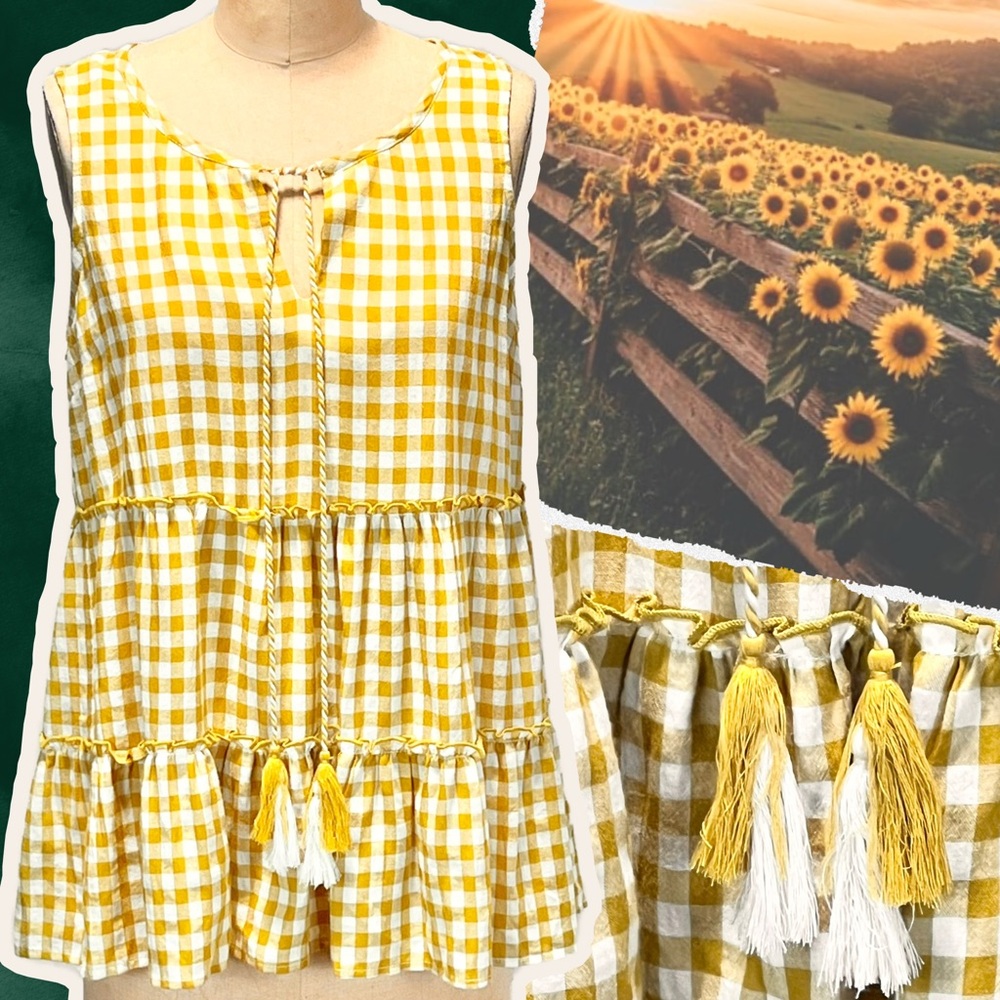 Tiered ruffle babydoll sleeveless tank top gingham plaid check boho prairie
